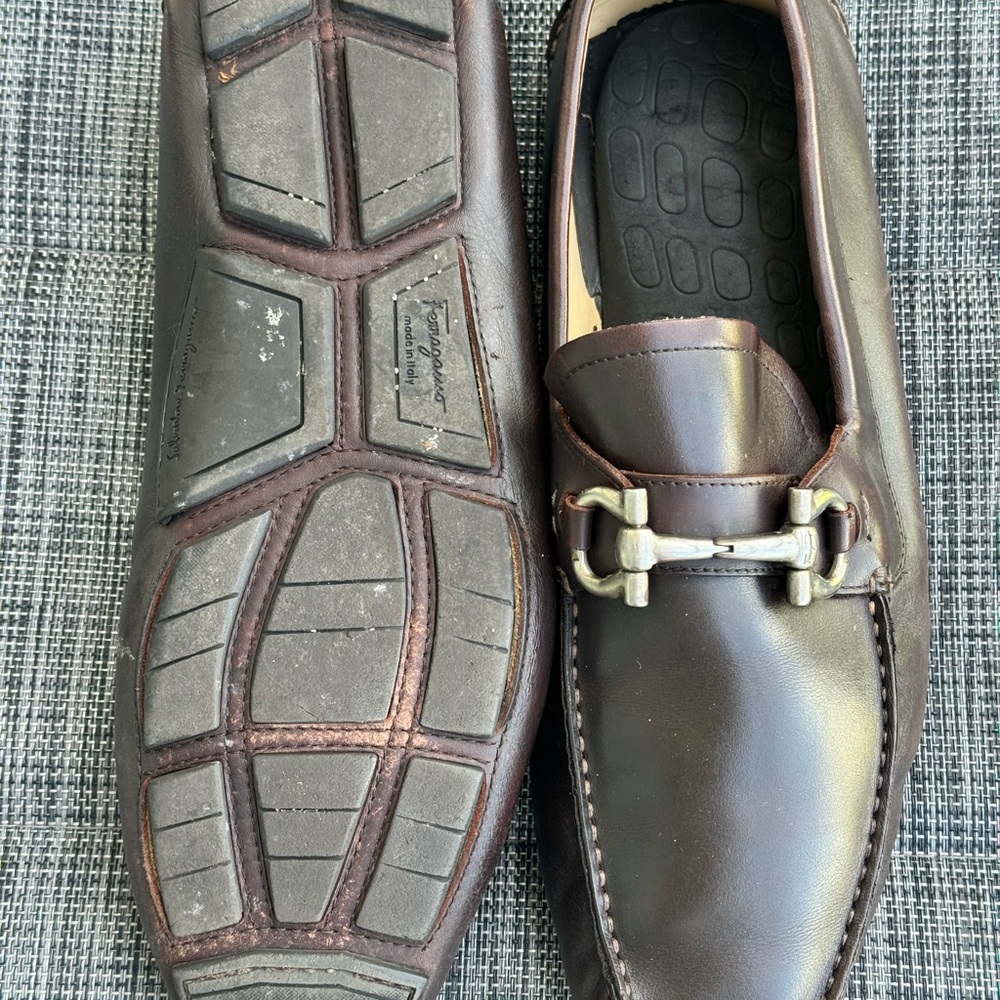 🟤 Salvatore Ferragamo Dark Brown Loafers with Silver Accent - Picture 2 of 5
